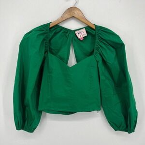 Buru Blouse Women's XS Green Puff Sleeve Solid Cotton Blend